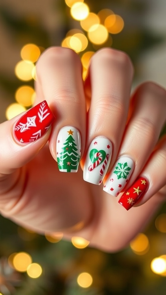 Festive Christmas nail art with snowflakes, trees, and candy canes in red and green.